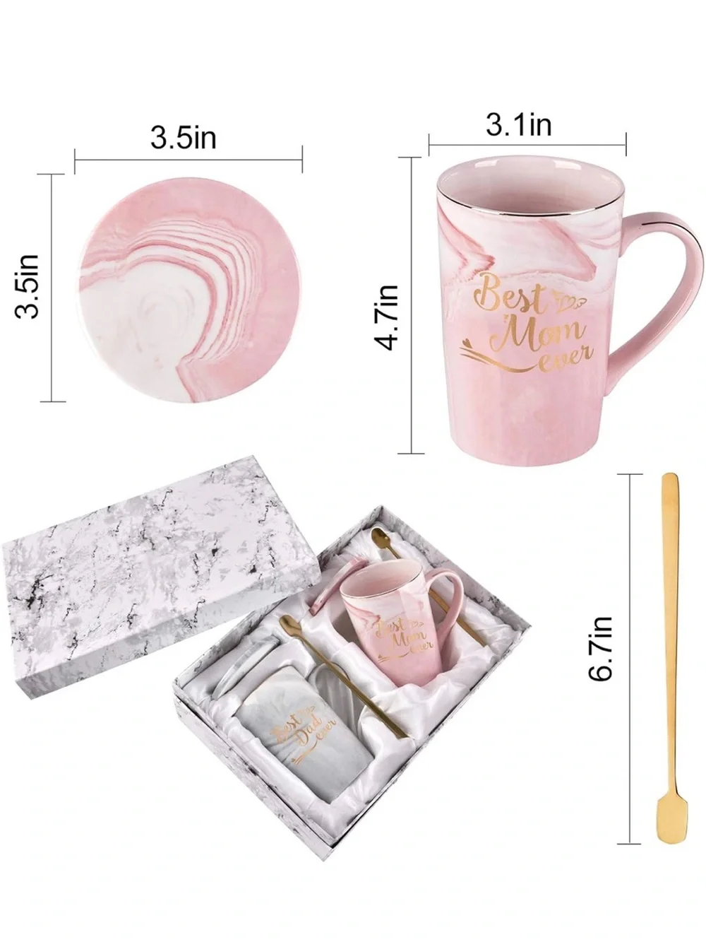 Best Mom Ever & Best Dad Ever Marble Mug Gift Set - Pink and Gray NIP